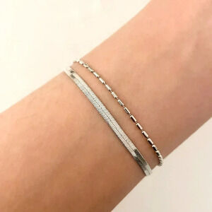 925 Sterling Silver Dainty Bead Bracelet Herringbone Snakechain Layer Bracelet